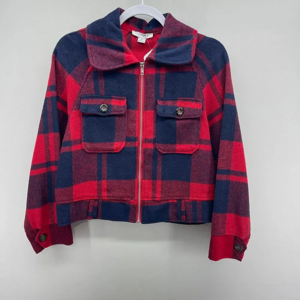 FavLux Fleece Jacket Womens Small Red‎ Blue Plaid Waist Length Shacket Full Zip